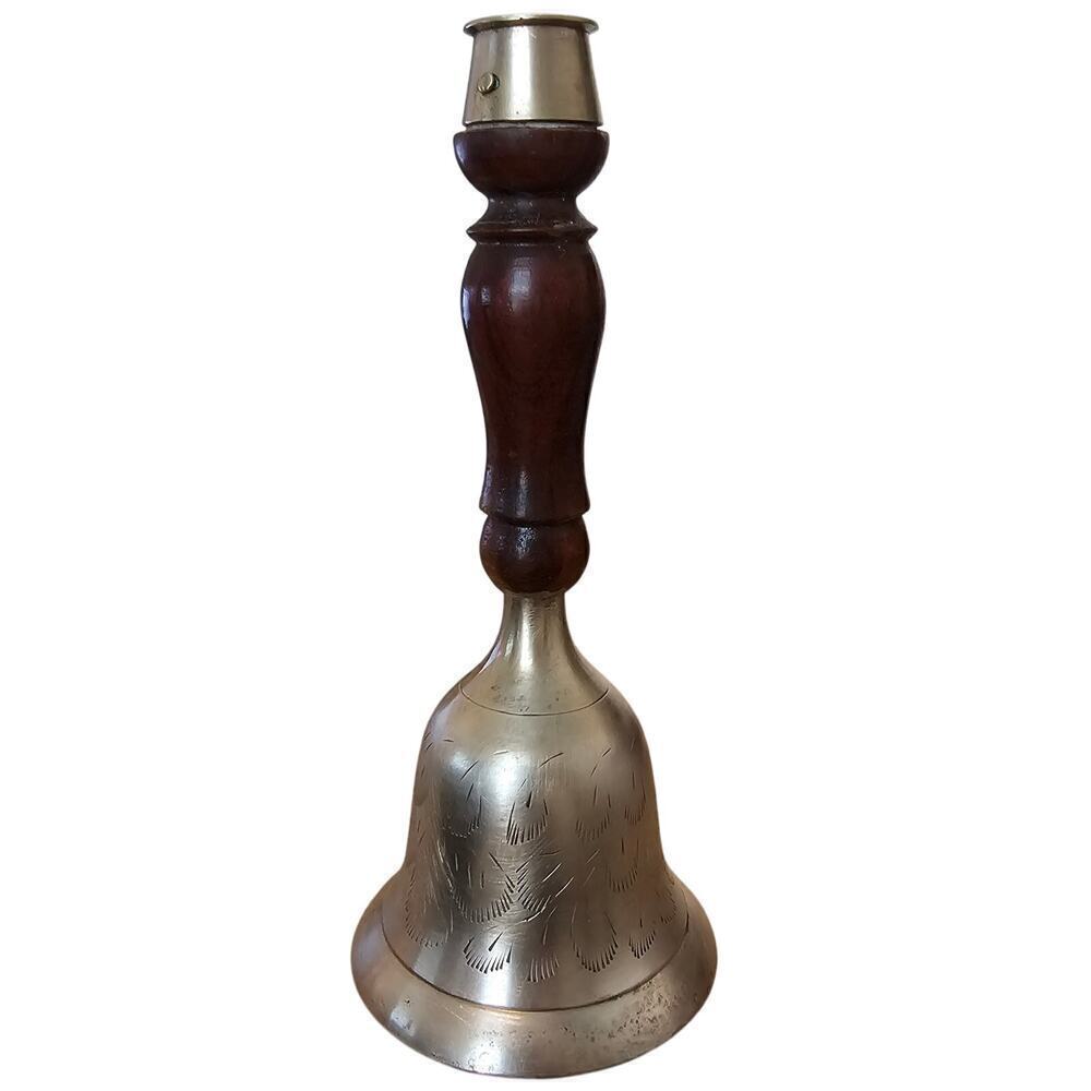 Vintage Brass Wood Hand Bell Etched Feather MCM Classic Collectible India 8.5"